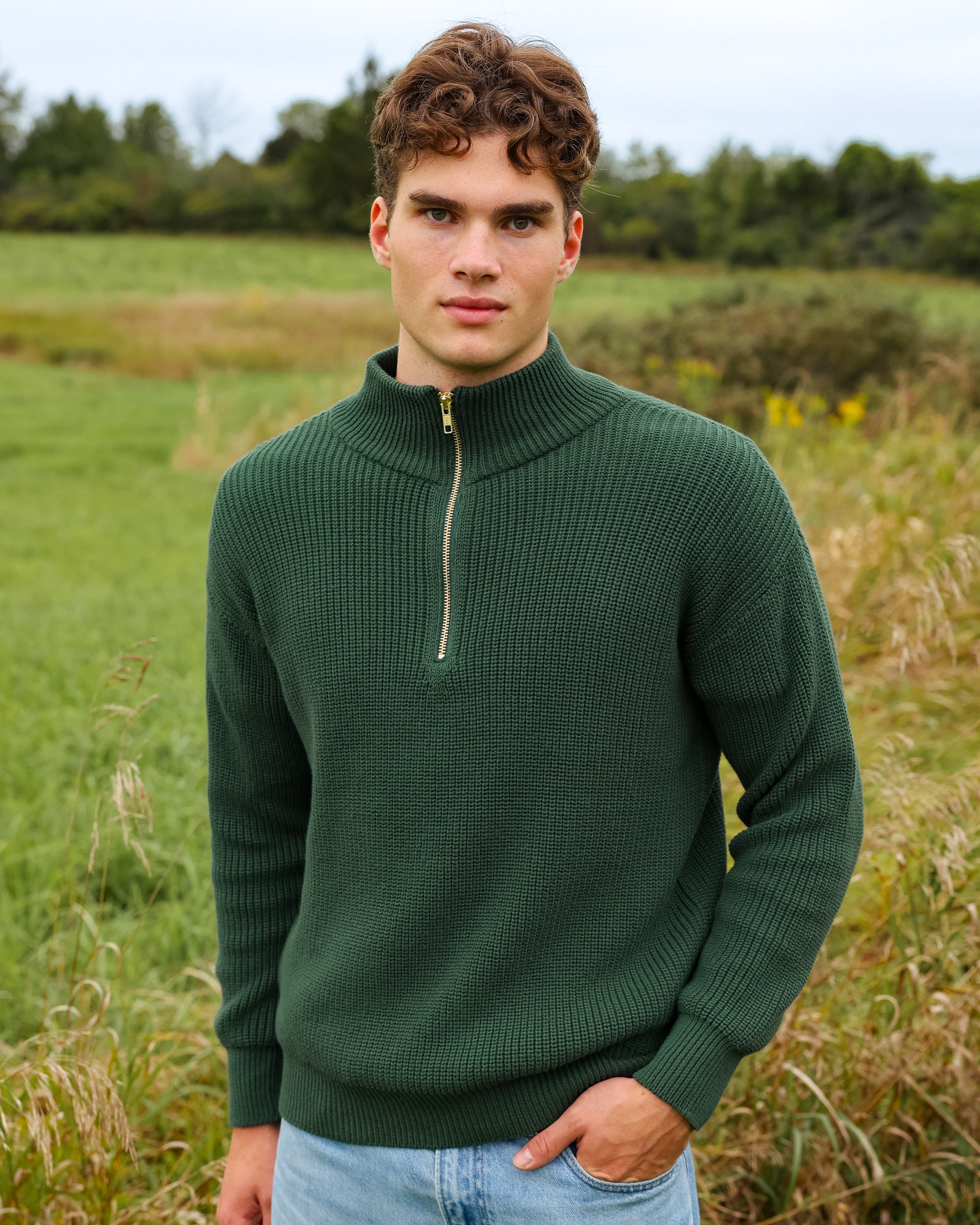 Made in Canada 100% Cotton Knit Half Zip Sweater Forest - Unisex - Province of Canada