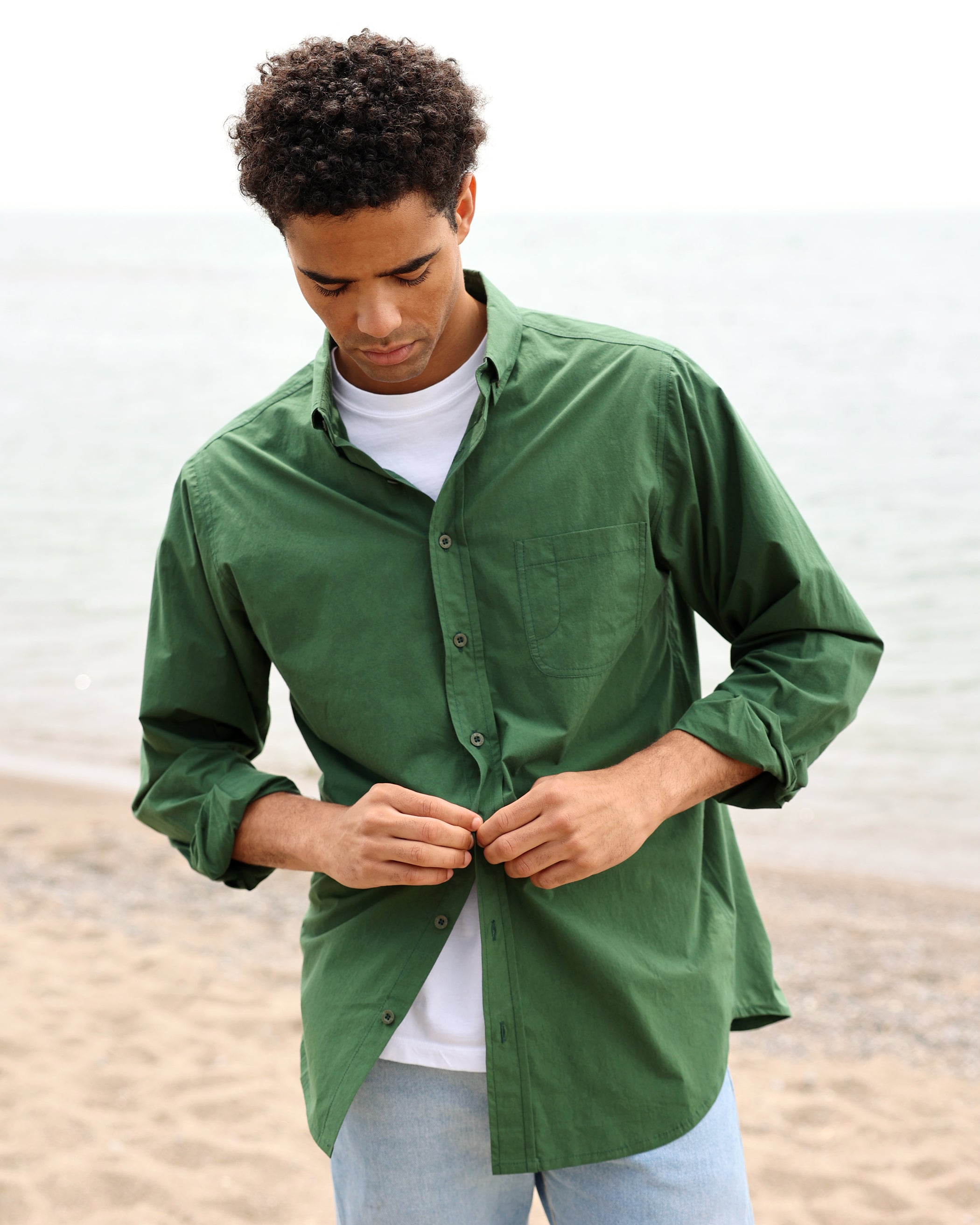 Made in Canada 100% Cotton Washed Poplin Shirt Forest Green - Unisex - Province of Canada