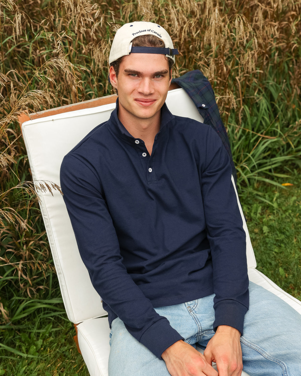 Made in Canada 100% Organic Cotton Sunday Polo Long Sleeve Shirt Navy - Unisex - Province of Canada
