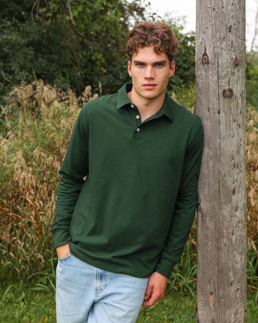 Made in Canada 100% Organic Cotton Sunday Polo Long Sleeve Shirt Forest - Unisex - Province of Canada