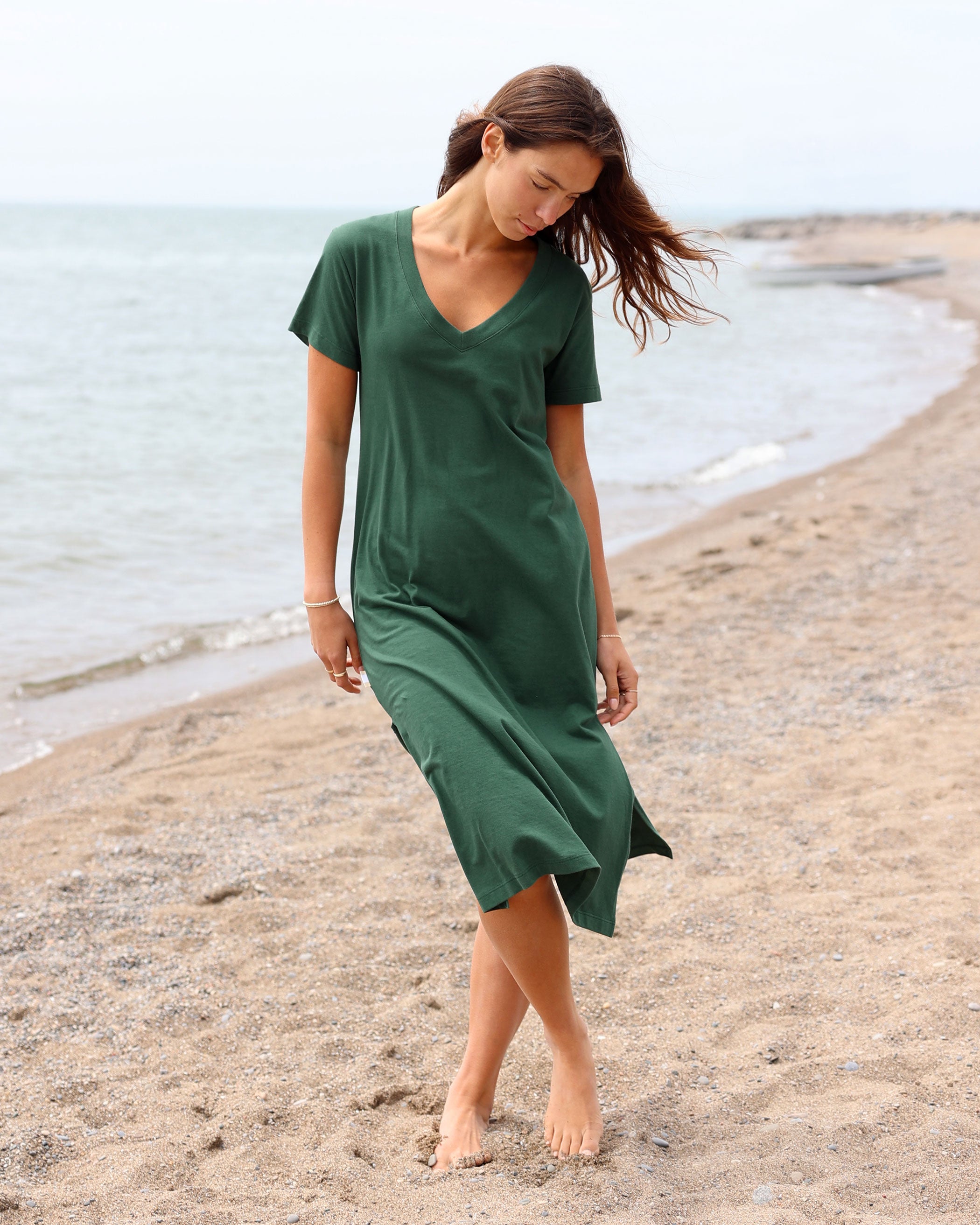 Made in Canada 100% Certified Organic Cotton V-Neck Midi T-Shirt Dress Forest - Province of Canada