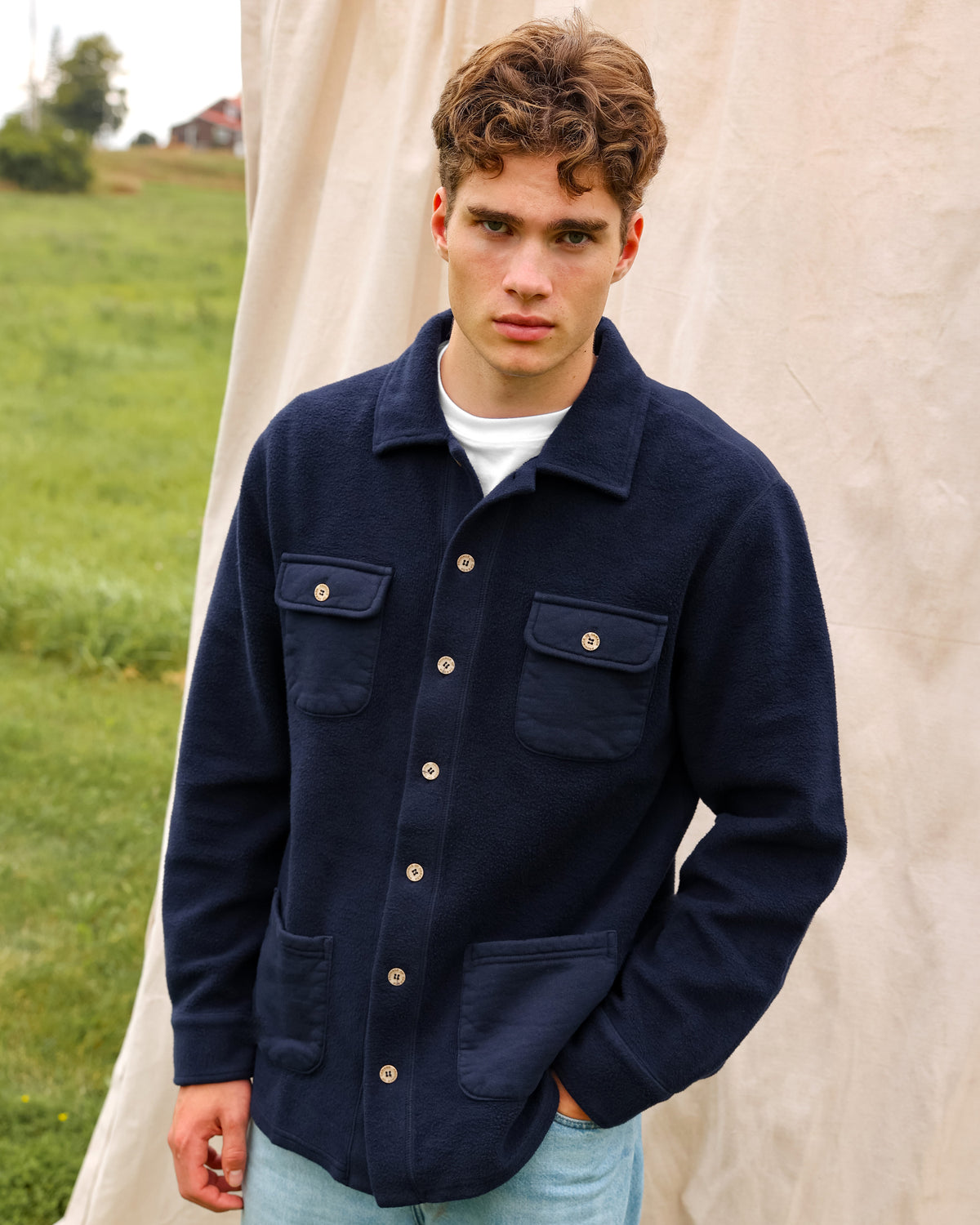 Made in Canada 100% Cotton Reverse Fleece Overshirt Light-Jacket Navy - Unisex - Province of Canada