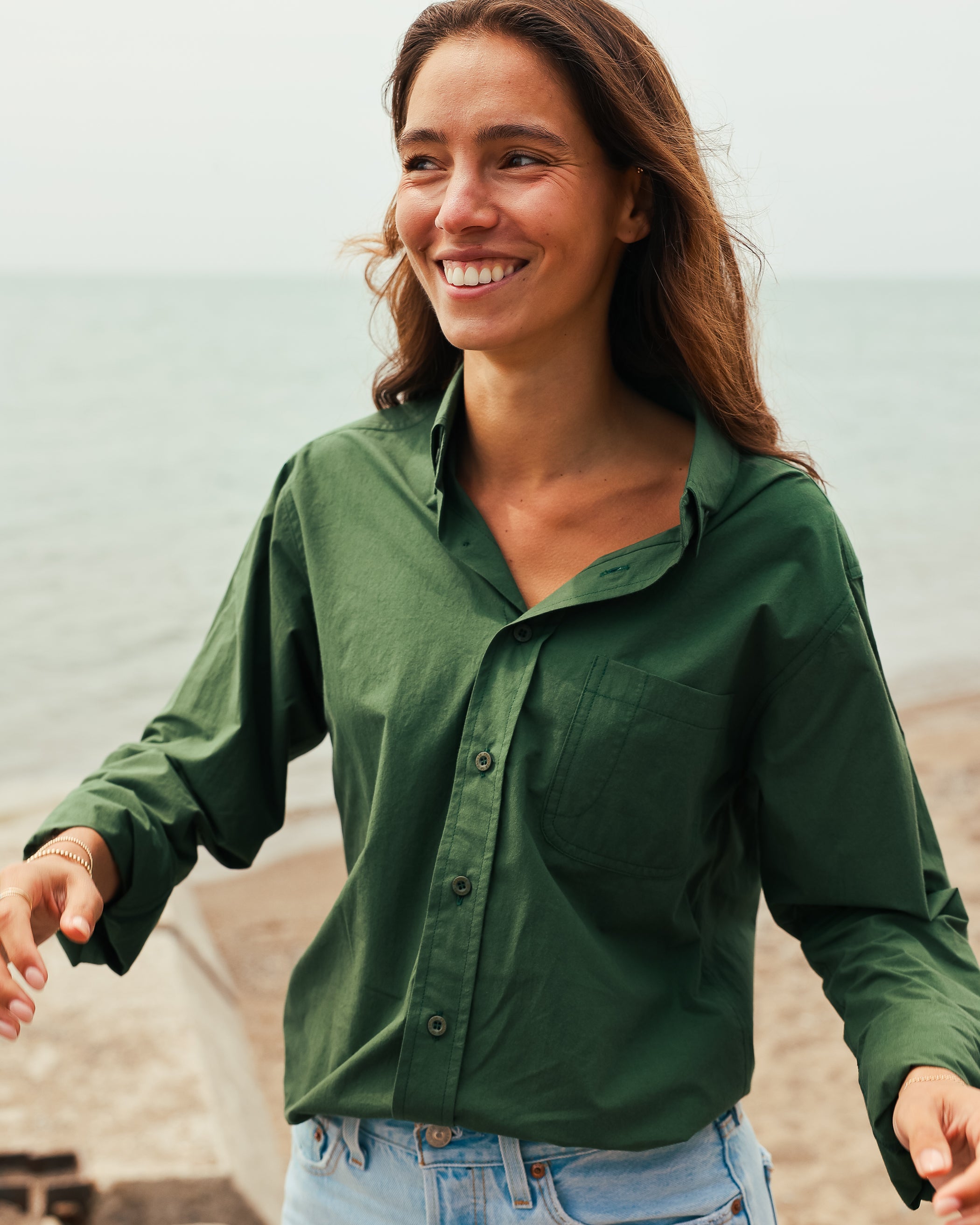 Made in Canada 100% Cotton Washed Poplin Shirt Forest Green - Unisex - Province of Canada