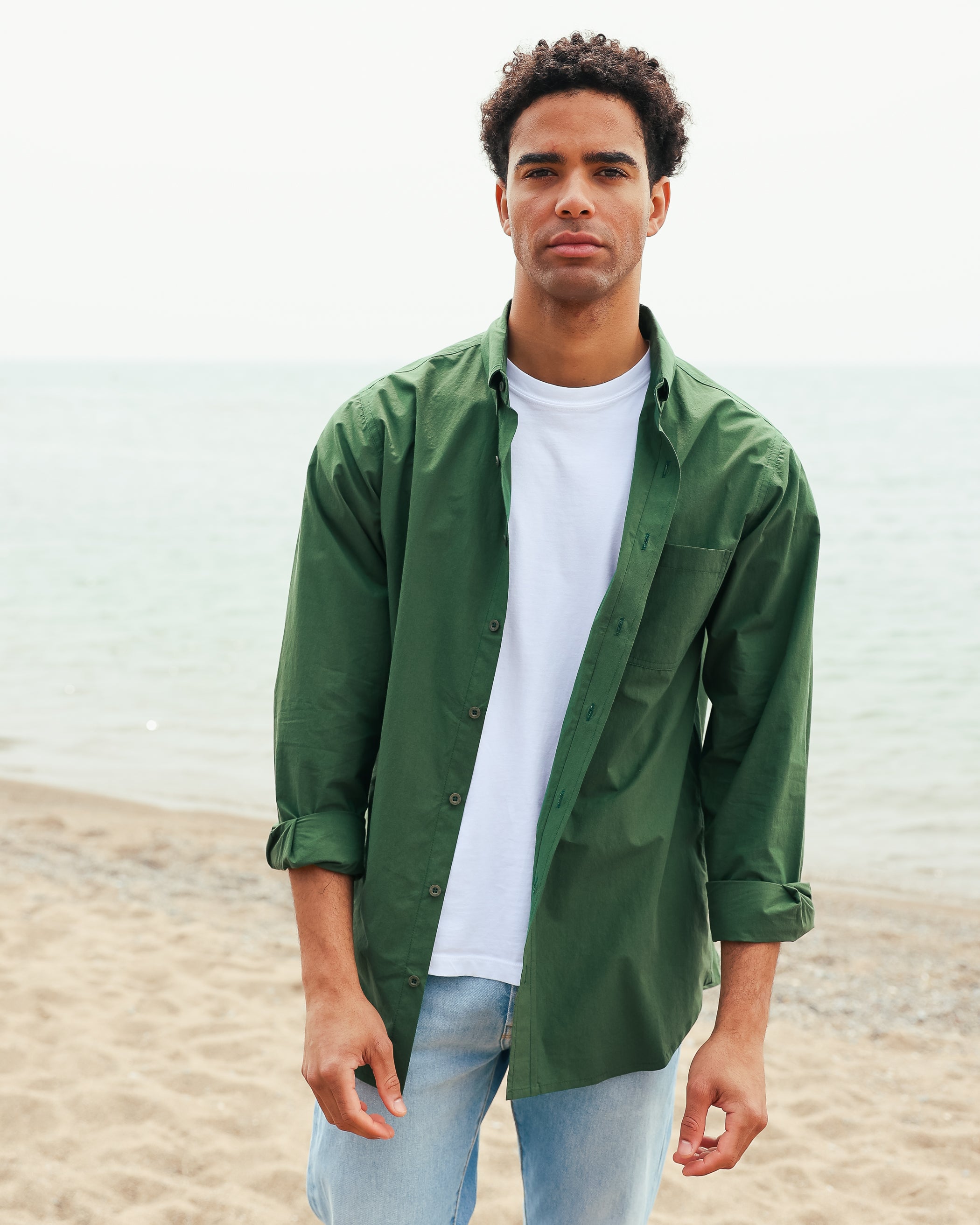 Made in Canada 100% Cotton Washed Poplin Shirt Forest Green - Unisex - Province of Canada