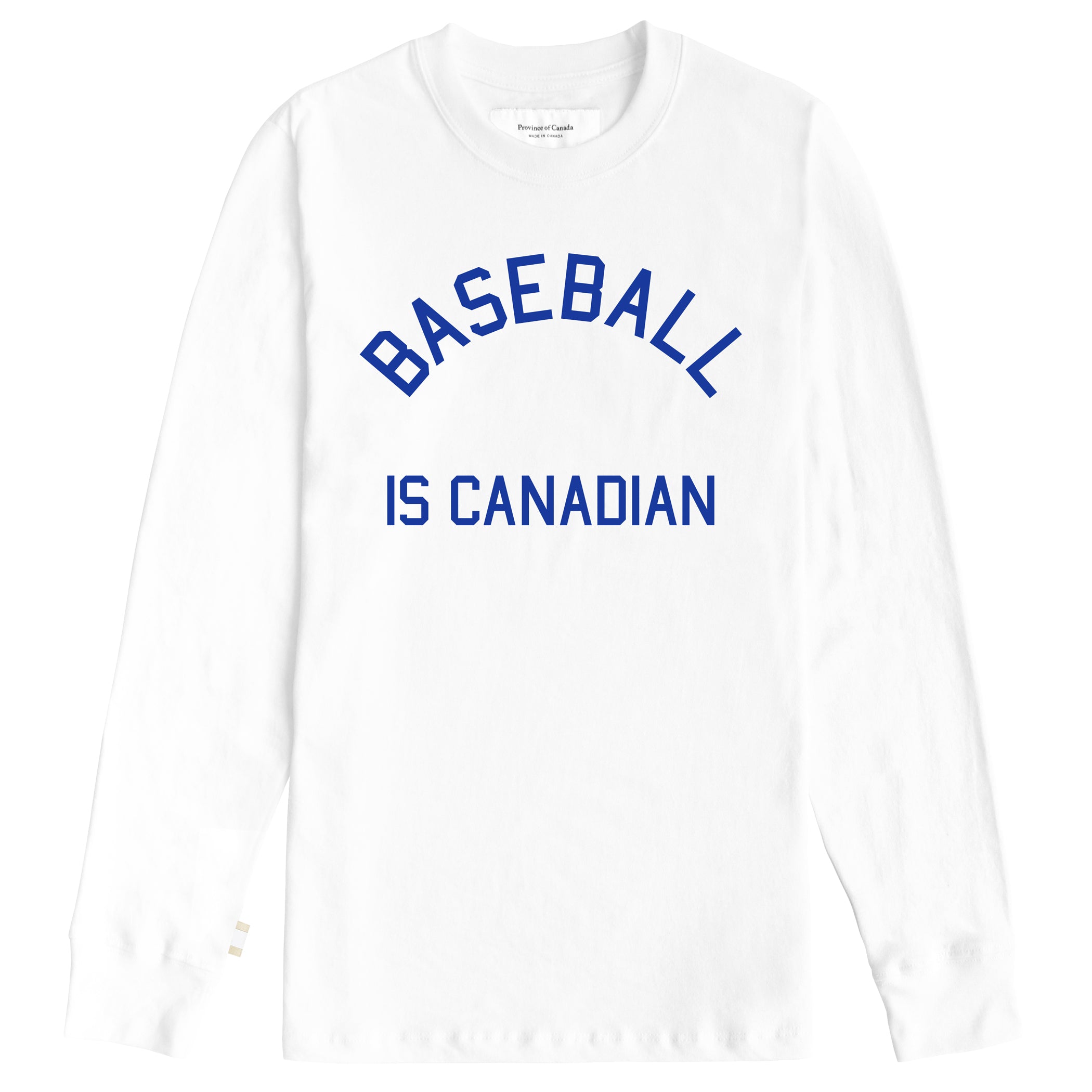Made in Canada 100% Cotton World Series Baseball Is Canadian Long Sleeve Tee White and Blue - Unisex - Province of Canada