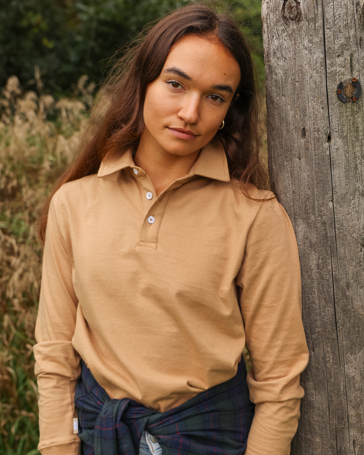 Made in Canada 100% Organic Cotton Sunday Polo Long Sleeve Shirt Camel - Unisex  Province of Canada