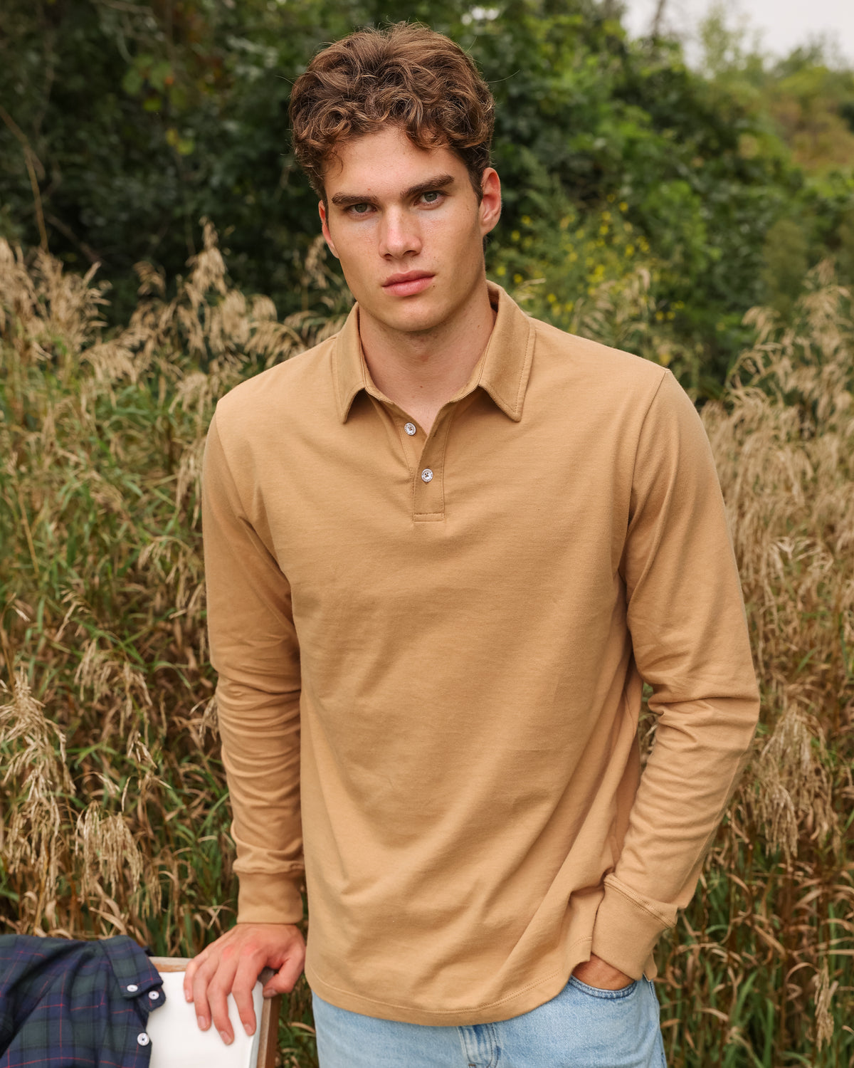 Made in Canada 100% Organic Cotton Sunday Polo Long Sleeve Shirt Camel - Unisex  Province of Canada