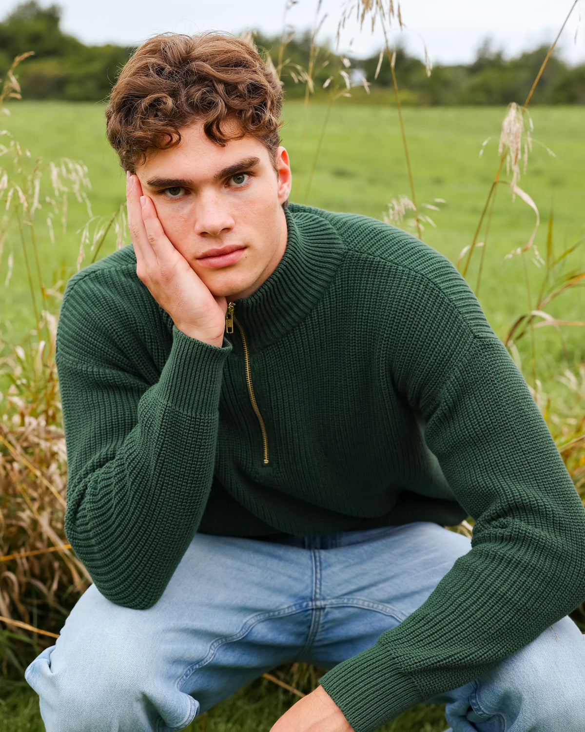 Made in Canada 100% Cotton Knit Half Zip Sweater Forest - Unisex - Province of Canada