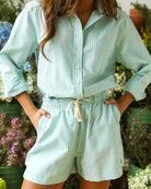 Made in Canada 100% Cotton Oxford Wide Stripe Short Green - Womens - Province of Canada 