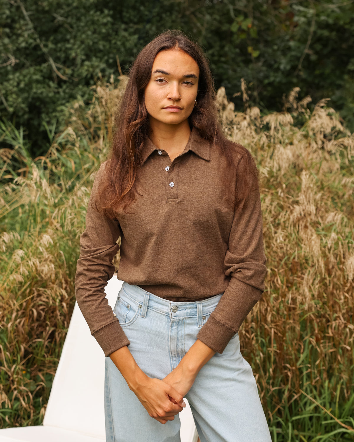 Made in Canada 100% Organic Cotton Sunday Polo Long Sleeve Shirt Heather Brown - Unisex - Province of Canada