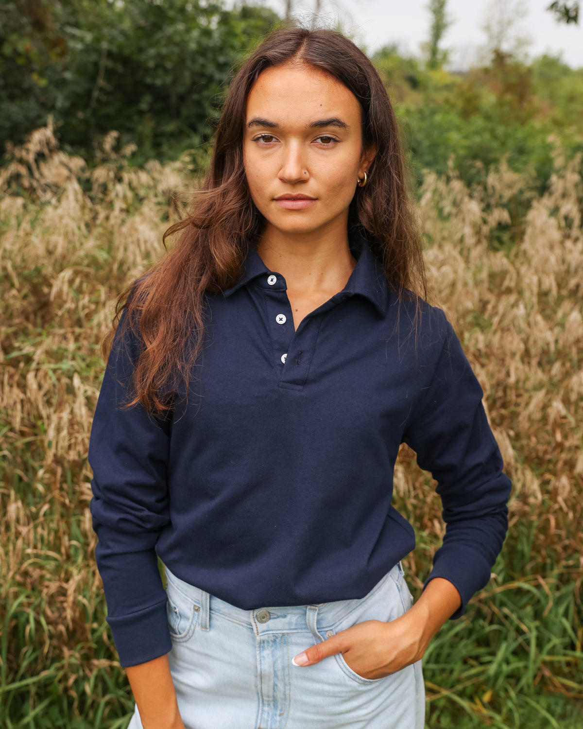 Made in Canada 100% Organic Cotton Sunday Polo Long Sleeve Shirt Navy - Unisex - Province of Canada