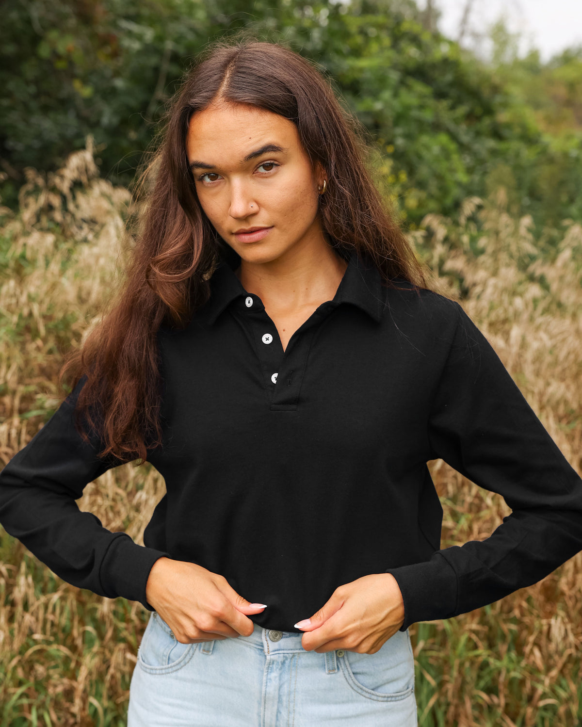 Made in Canada 100% Organic Cotton Sunday Polo Long Sleeve Shirt Black - Unisex - Province of Canada