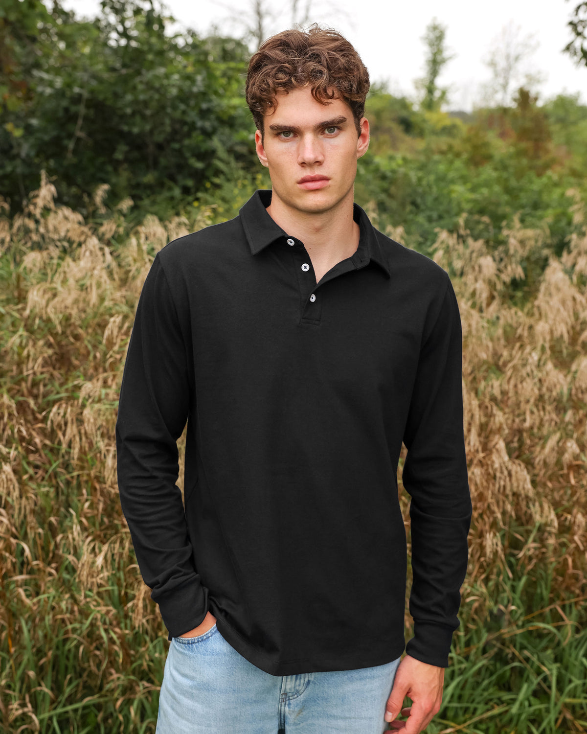 Made in Canada 100% Organic Cotton Sunday Polo Long Sleeve Shirt Black - Unisex - Province of Canada