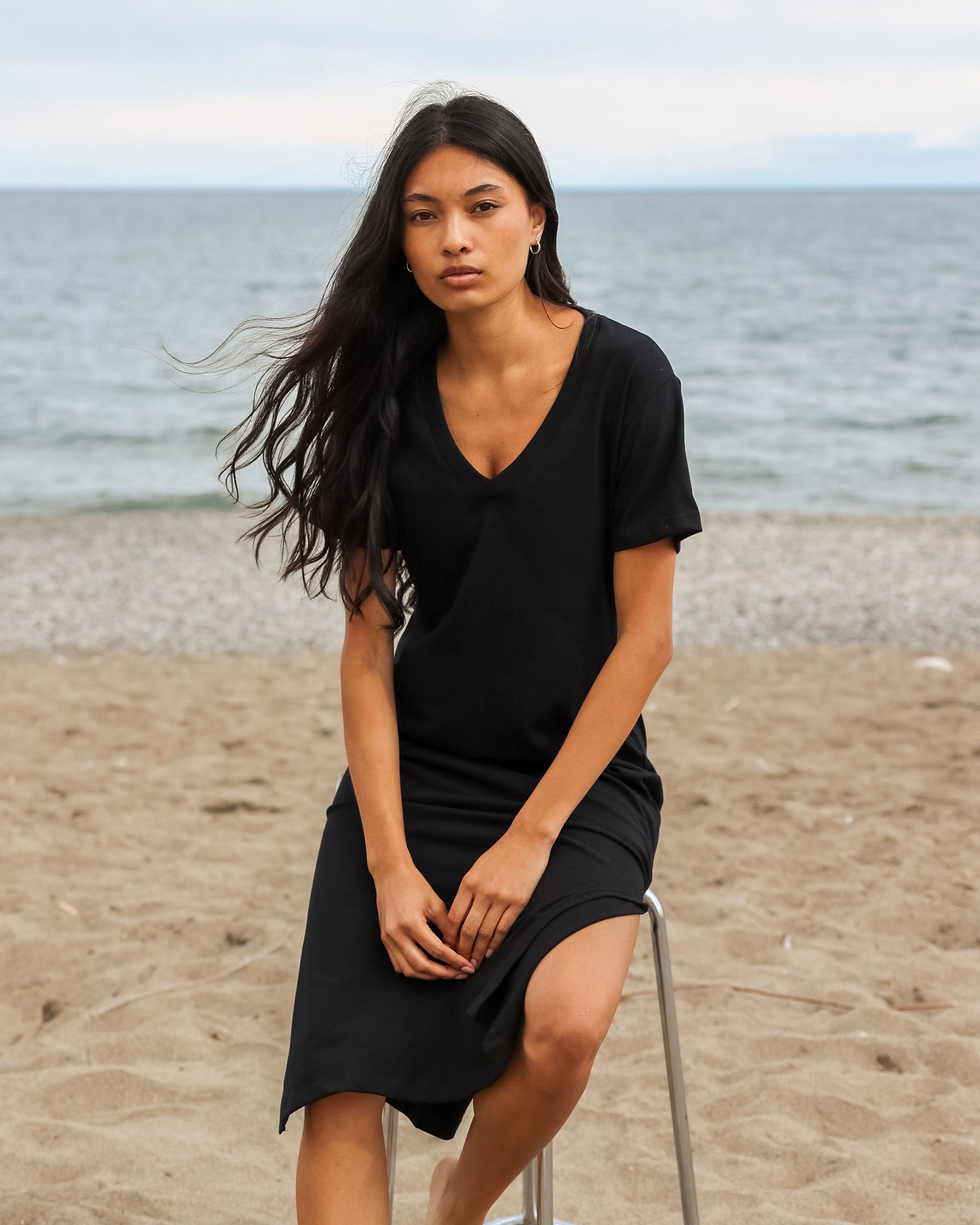 Made in Canada 100% Organic Cotton V-Neck Midi T-Shirt Dress Black - Province of Canada 