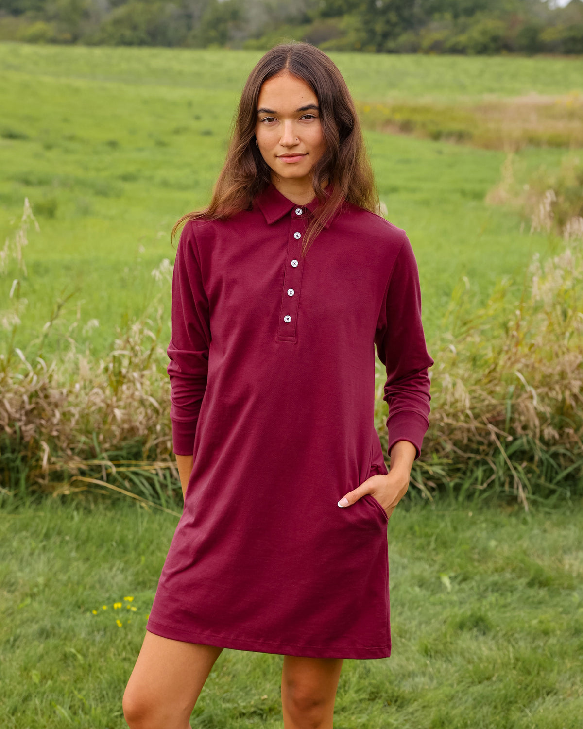 Made in Canada Sunday Polo Long Sleeve Dress Burgundy - Province of Canada