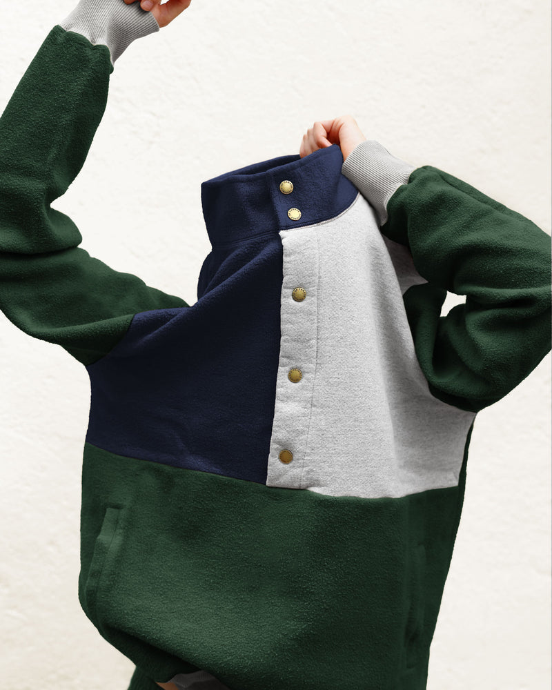 Made in Canada 100% Cotton Reverse Fleece Pullover Colour Block Forest Navy Unisex - Province of Canada