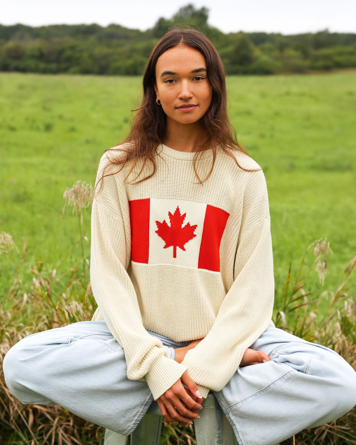 Made Knit in Canada 100% Cotton Canada Flag Cotton Knit Sweater Cream - Unisex - Province of Canada