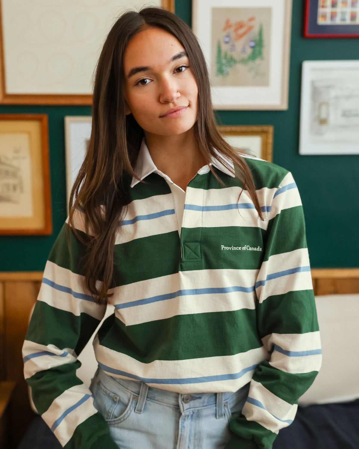 Made in Canada - Green Blue Stripe Hollis Rugby Shirt - Unisex - Province of Canada