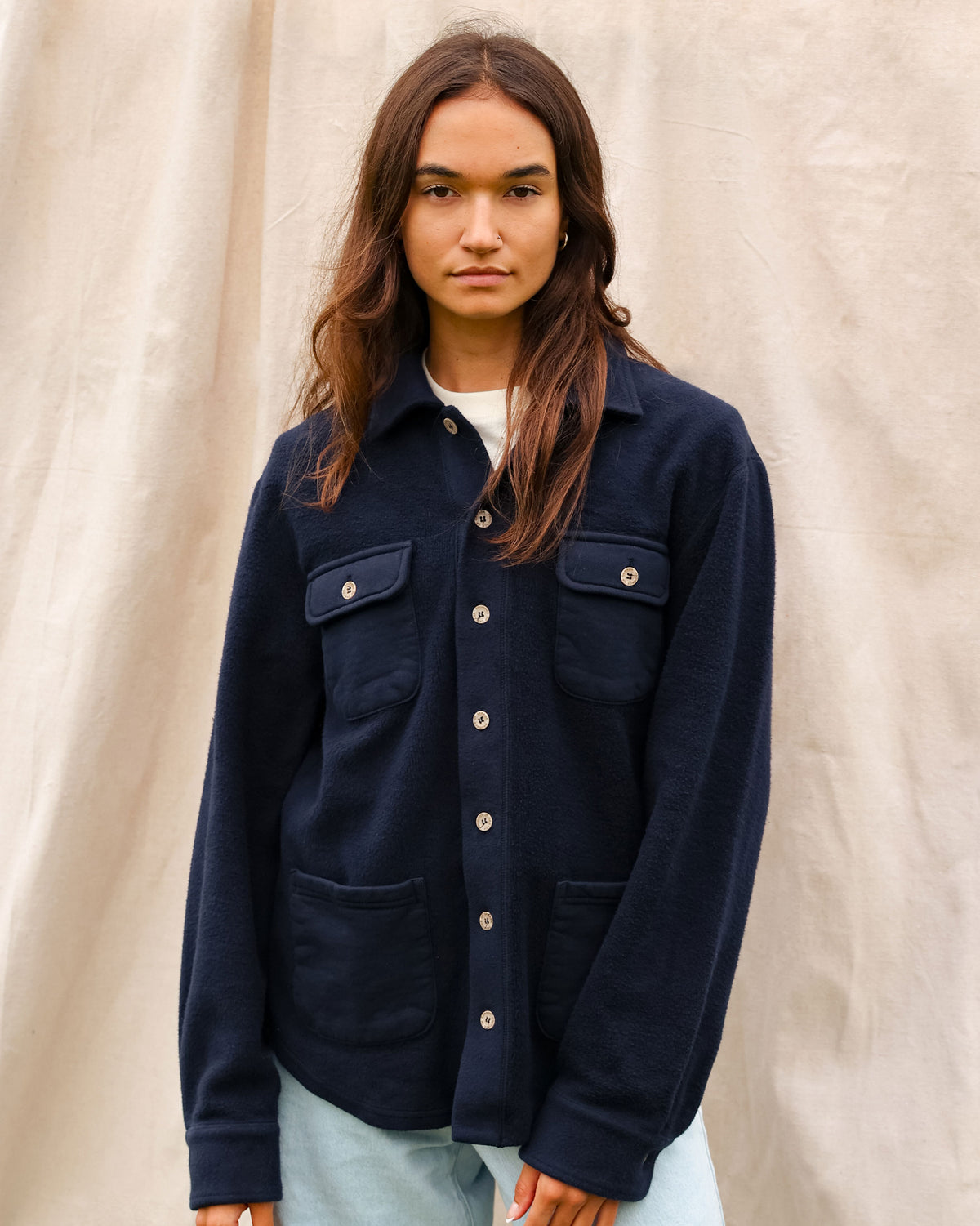 Made in Canada 100% Cotton Reverse Fleece Overshirt Light-Jacket Navy - Unisex - Province of Canada