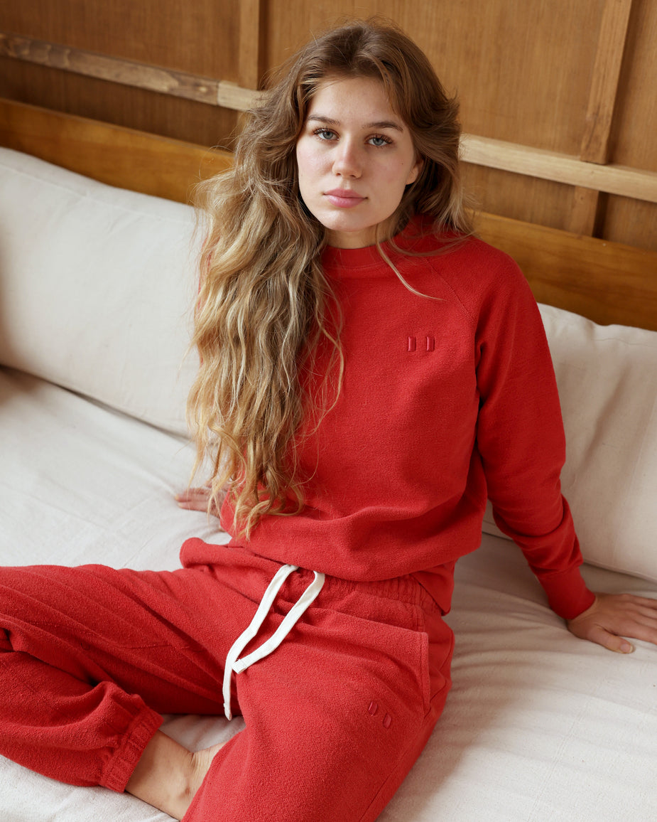 Red French Terry Full Sleeve Ruffles SweatShirt With Jogger