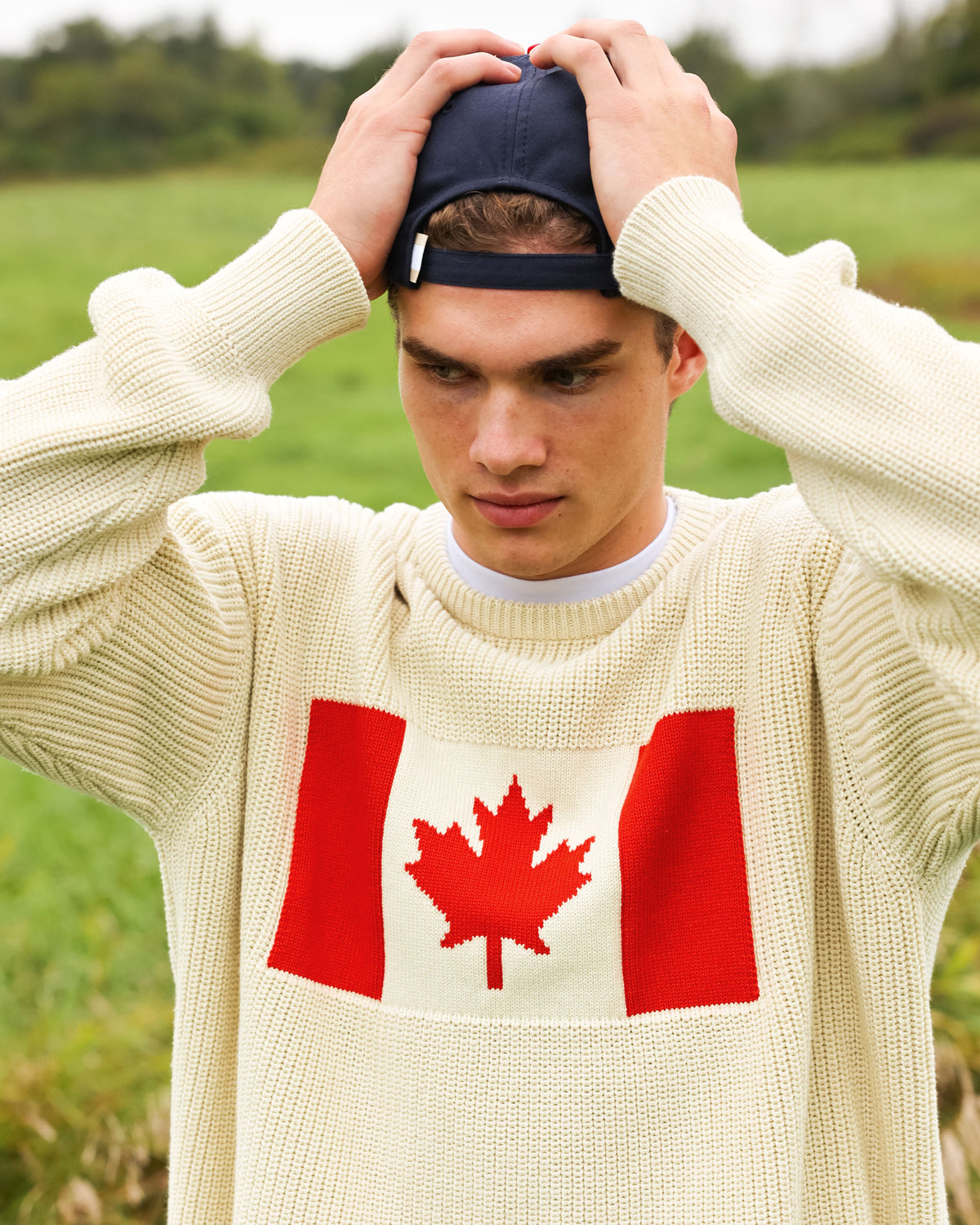 Made Knit in Canada 100% Cotton Canada Flag Cotton Knit Sweater Cream - Unisex - Province of Canada