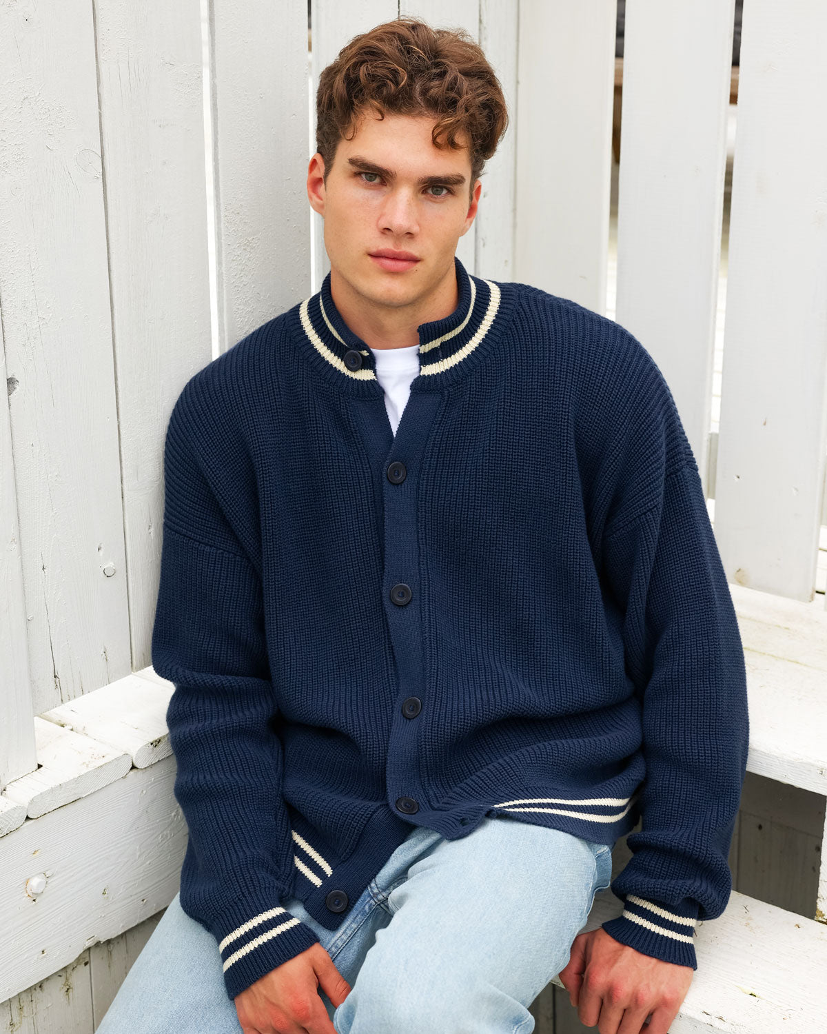 Made in Canada 100% Cotton Knit Cardigan Marine - Unisex - Province of Canada