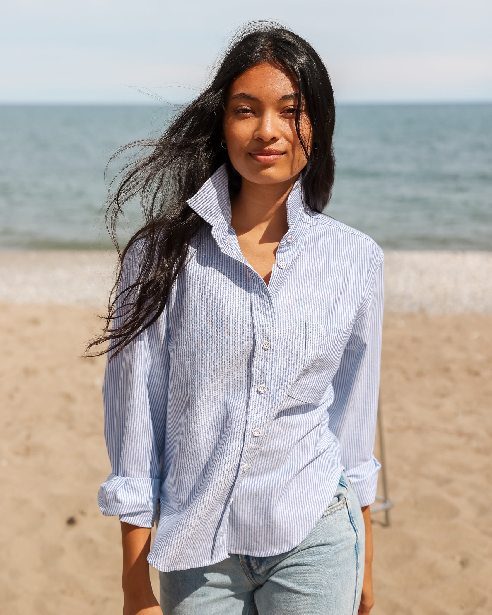 Made in Canada 100% Cotton Boxy Oxford Stripe Shirt Royal - Womens - Province of Canada 