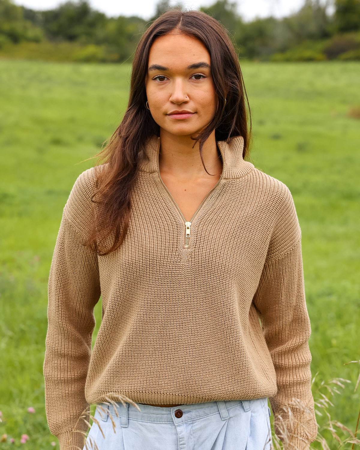 Made in Canada 100% Cotton Knit Half Zip Sweater Taupe Camel Beige - Unisex - Province of Canada